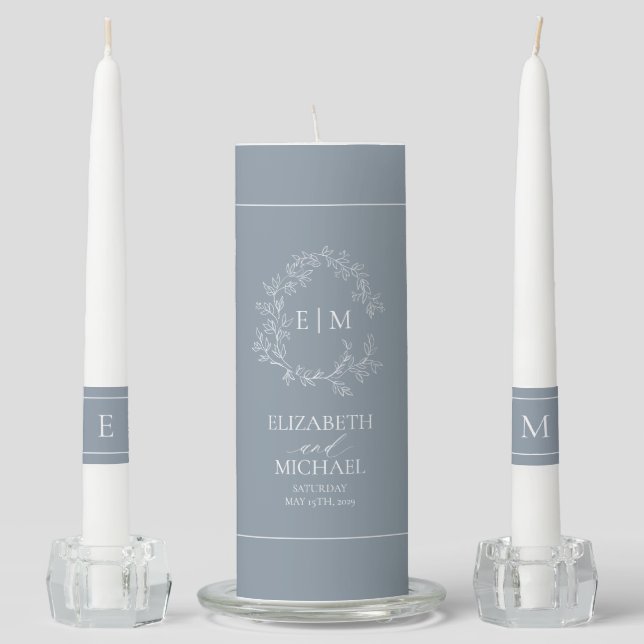 Dusty Blue Leafy Crest Monogram Wedding Unity Candle Set (Front)