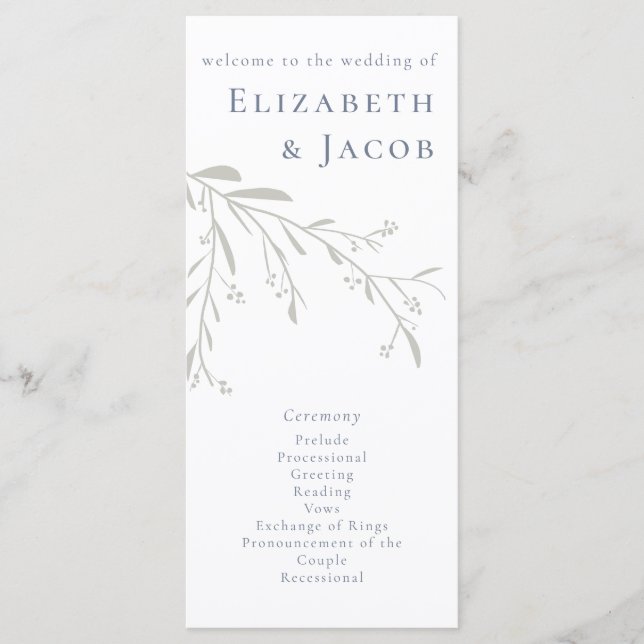 Dusty Blue Leaves and Berries Wedding Program (Front)