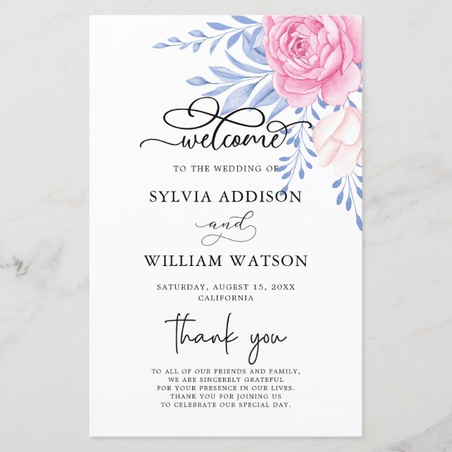 Dusty Blue Leaves Blush Pink Rose Wedding Ceremony (Front)