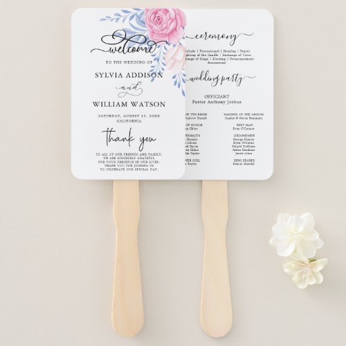 Dusty Blue Leaves Blush Pink Rose Wedding Program Hand Fan