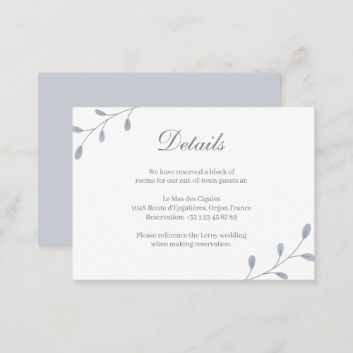 Dusty Blue Leaves Botanical Wedding Hotel Detail Enclosure Card