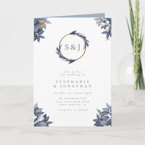 Dusty Blue Leaves  Gold Glitter Monogram Wedding Invitation