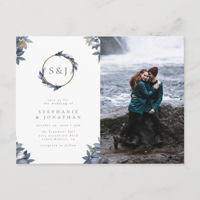 Dusty Blue Leaves & Gold Monogram Wedding Photo Invitation Postcard (Front)
