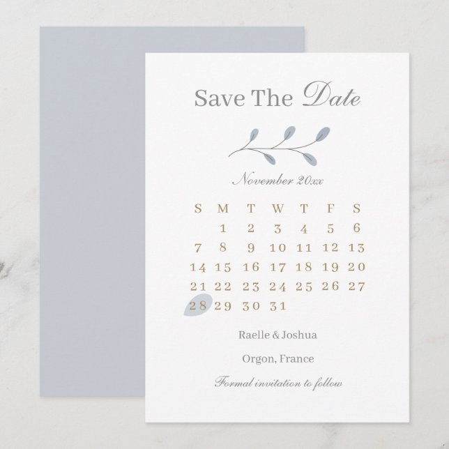 Dusty Blue Leaves Minimalist Save The Date Wedding Invitation (Front/Back)