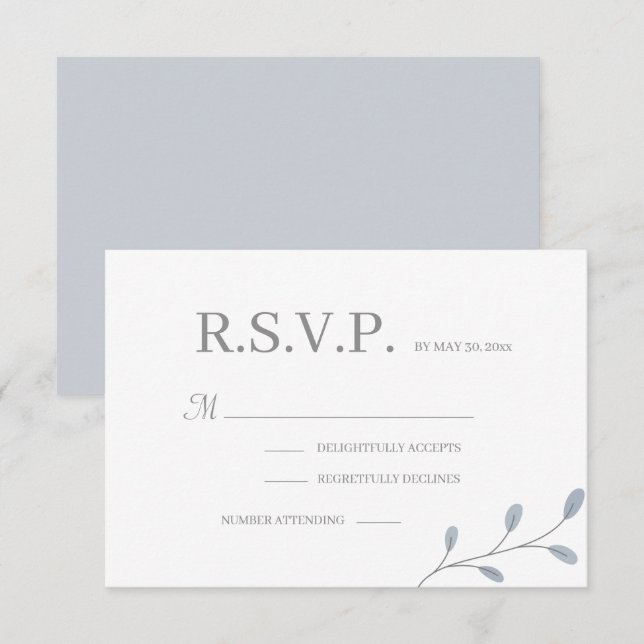 Dusty Blue Leaves Minimalist Wedding RSVP Invitation (Front/Back)