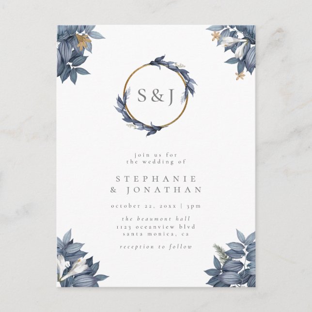 Dusty Blue Leaves & Modern Gold Monogram Wedding Invitation Postcard (Front)