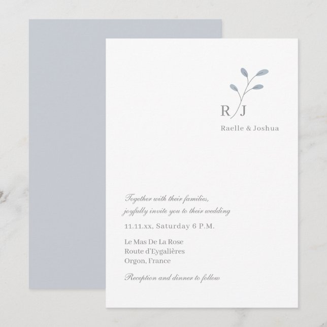 Dusty Blue Leaves Monogram Minimalist Chic Wedding Invitation (Front/Back)