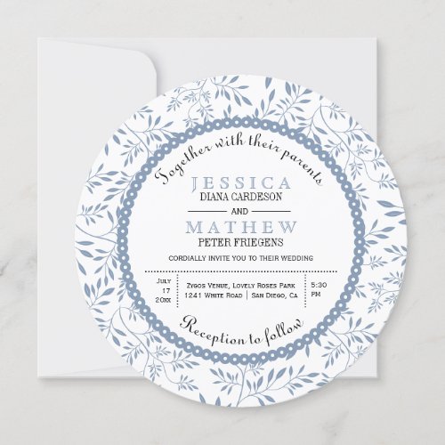 Dusty blue leaves pattern modern floral wedding invitation