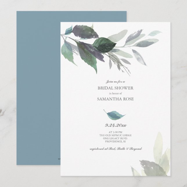 Dusty Blue Leaves Watercolor Bridal Shower Invitation (Front/Back)