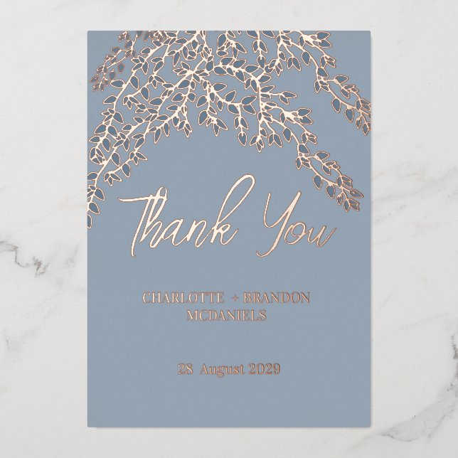  Dusty Blue Leaves Wedding Thank You Rose Gold   Foil Invitation (Front)