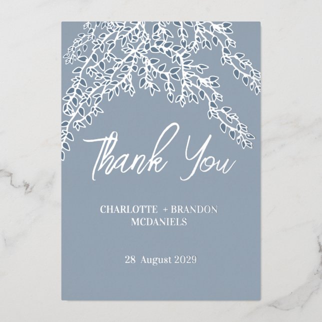  Dusty Blue Leaves Wedding Thank You Silver  Foil Invitation (Front)