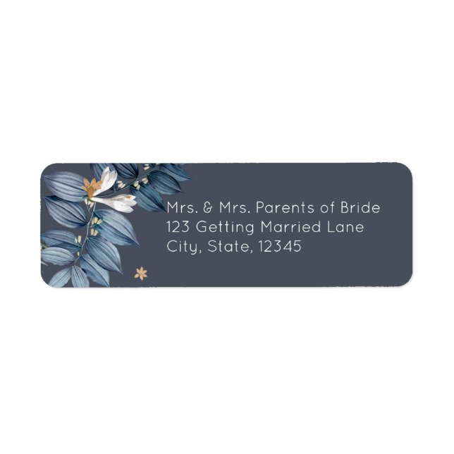 Dusty Blue Leaves White Flower Modern Wedding Label (Front)