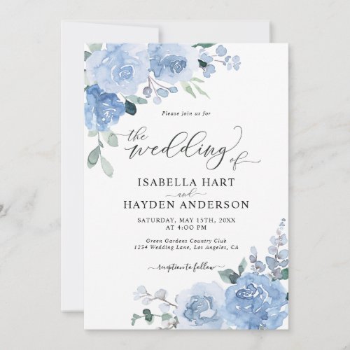 Dusty Blue Light All In One QR Code Floral Wedding Invitation