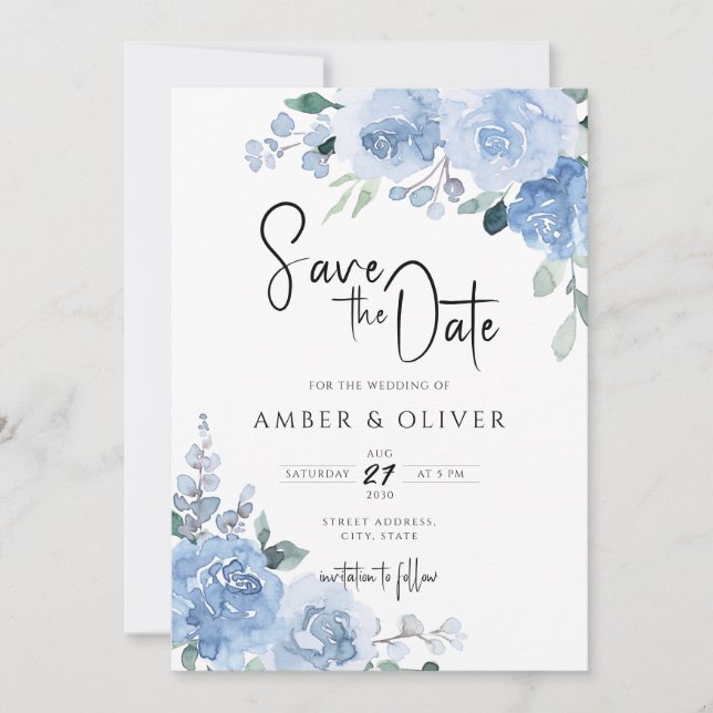 Dusty Blue Light Blue Floral Leaves Save The Date Invitation (Front)