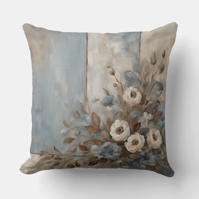 Dusty Blue Light Brown Modern Farmhouse Floral Throw Pillow (Front)