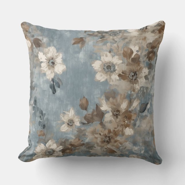 Dusty Blue Light Brown Rustic Abstract Floral Throw Pillow (Front)