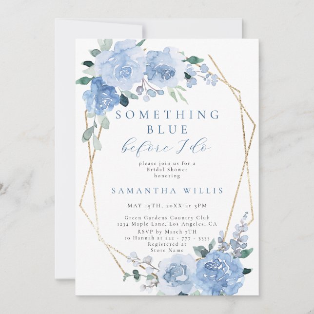 Dusty Blue Light Floral Gold Bridal Shower Invitation (Front)