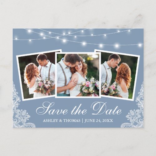 Dusty Blue Lights Lace 3 Photo Save The Date Postcard
