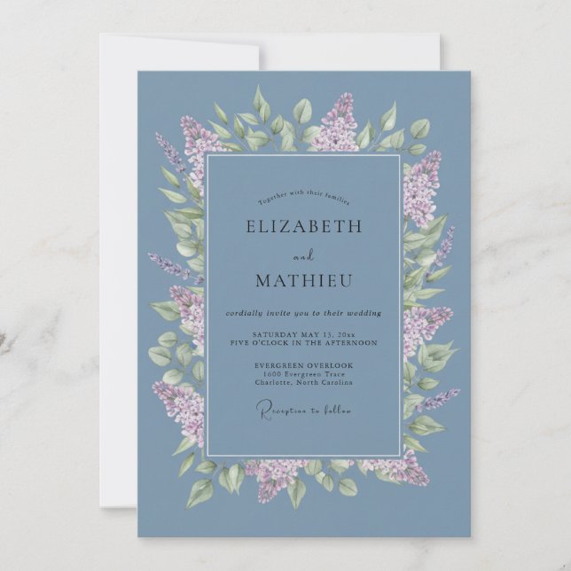 Dusty Blue Lilac Flourish Wedding Invitation (Front)