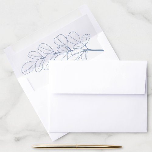 Dusty blue line art branch and leaves wedding envelope liner