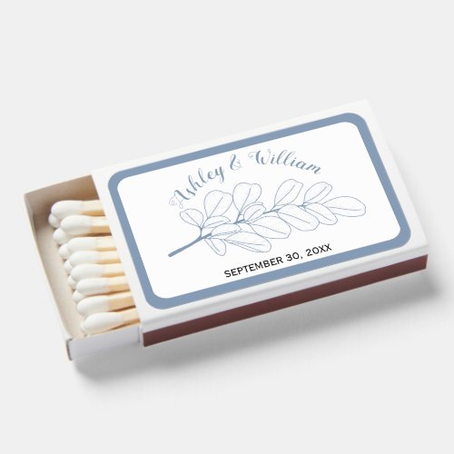 Dusty blue line art branch and leaves wedding  matchboxes