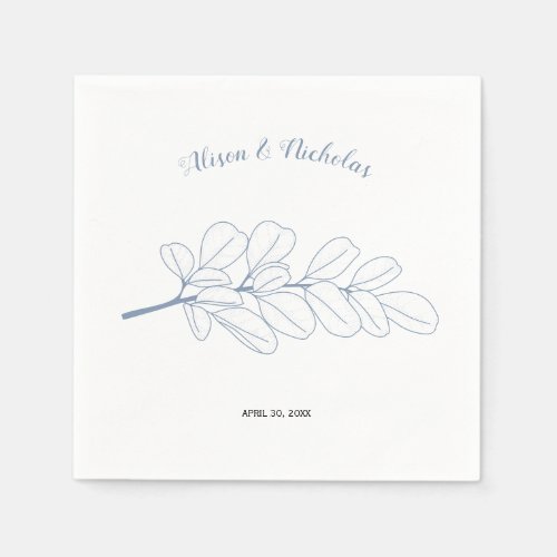 Dusty blue line art branch and leaves wedding napkins