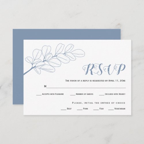 Dusty blue line art branch and leaves wedding RSVP card