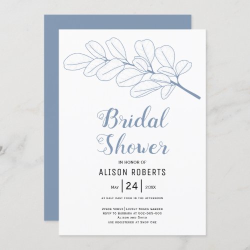 Dusty blue line art branch bridal shower invitation