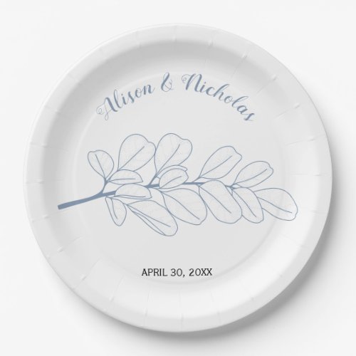 Dusty blue line art branch winter wedding  paper plates