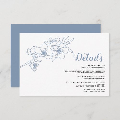 Dusty blue line art branch with blossoms wedding enclosure card