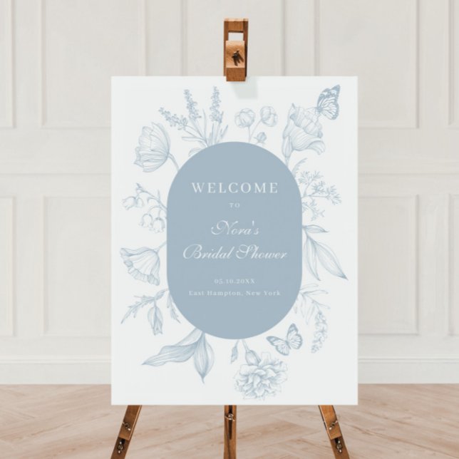 Dusty Blue Line Art Floral Bridal Shower Welcome Foam Board (Creator Uploaded)