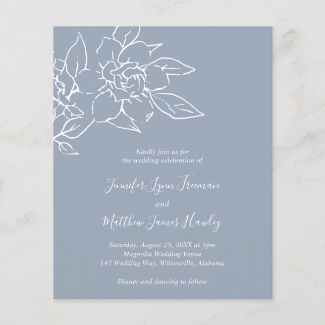 Dusty Blue Line Art Floral Budget Wedding Invite (Front)