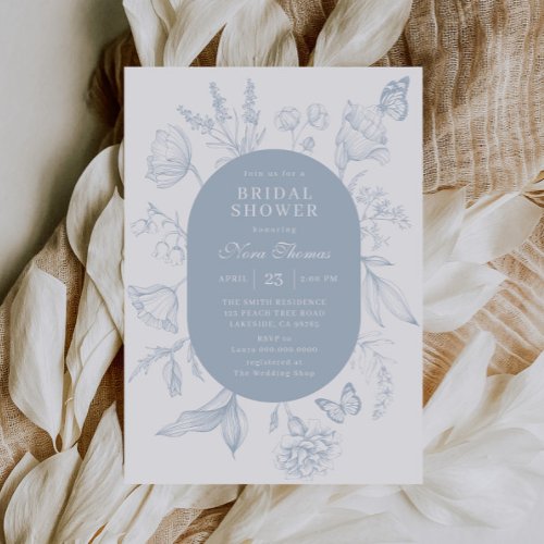 Dusty Blue Line Art Floral Butterfly Bridal Shower Invitation