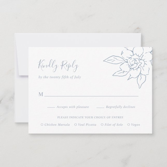 Dusty Blue Line Art Floral Elegant Wedding RSVP Card (Front)