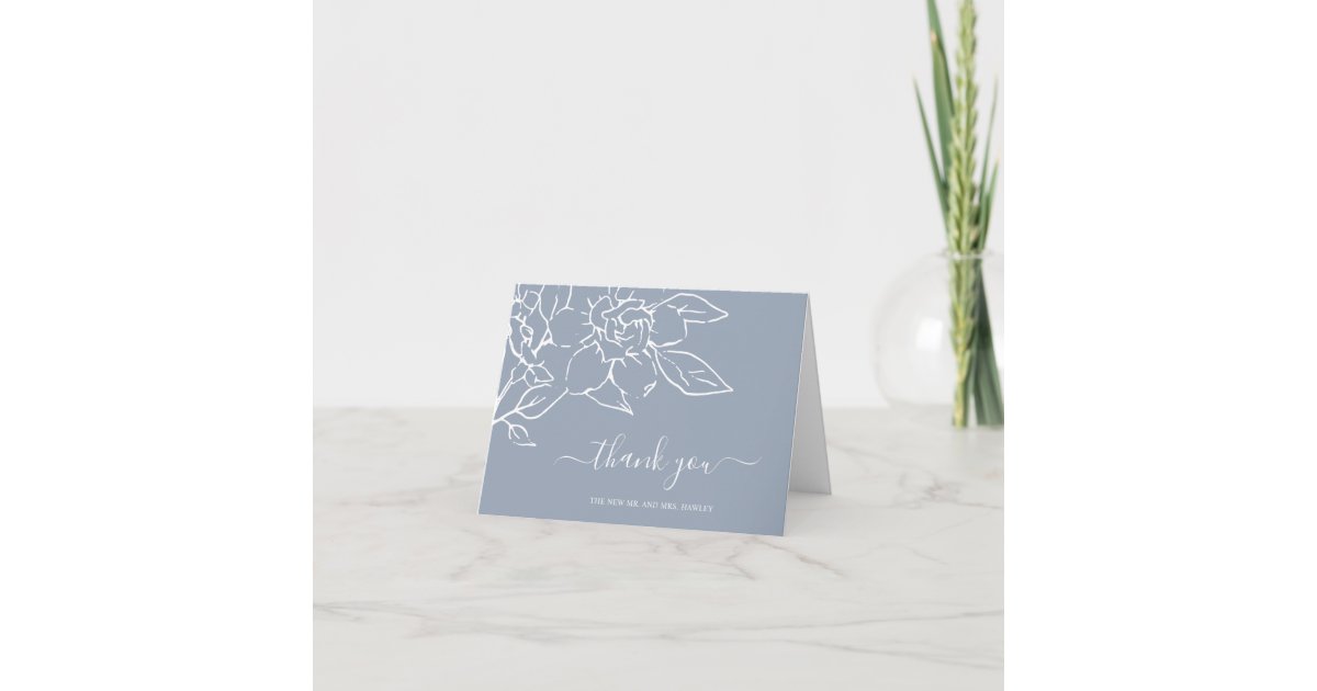 Dusty Blue Line Art Floral Elegant Wedding Thank You Card | Zazzle
