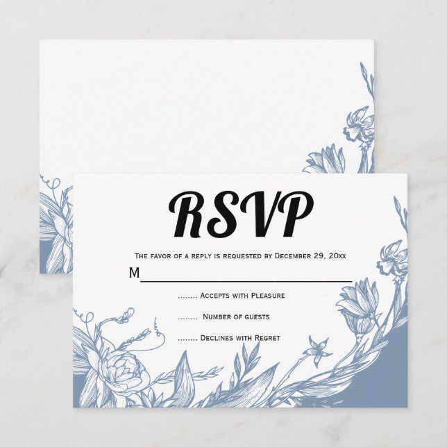 Dusty blue line art flowers typography floral RSVP card (Front/Back)