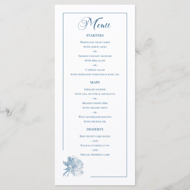 Dusty Blue Line Art Rose Dinner Details Wedding Menu (Front)