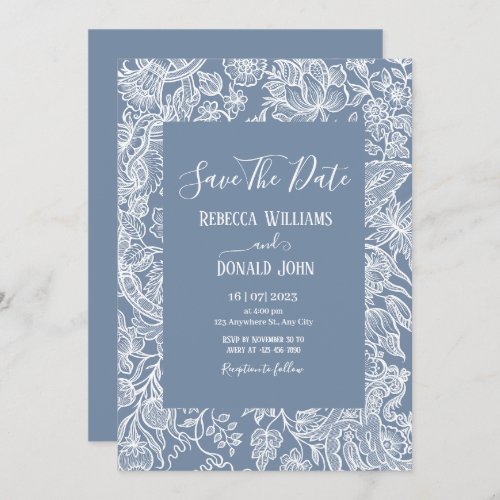 Dusty Blue Line Art Wildflowers Floral chinoiserie Invitation