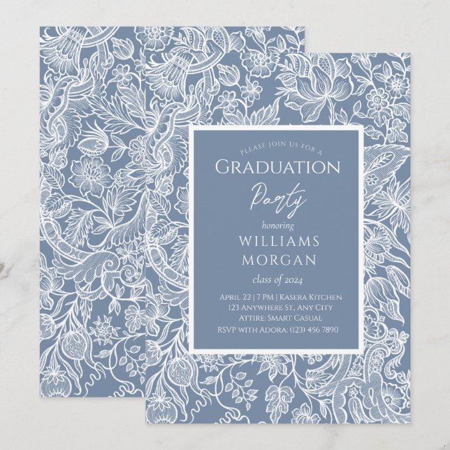 Dusty Blue Line Art Wildflowers Floral Invitation (Front/Back)
