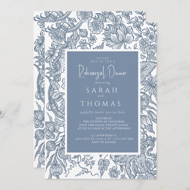 Dusty Blue Line Art Wildflowers  Invitation (Front/Back)