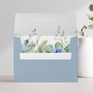Dusty Blue Lined Floral Hydrangea Wedding Envelope