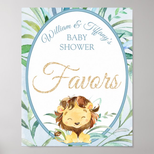 Dusty Blue Lion Boy Baby Shower Favors Poster (Front)