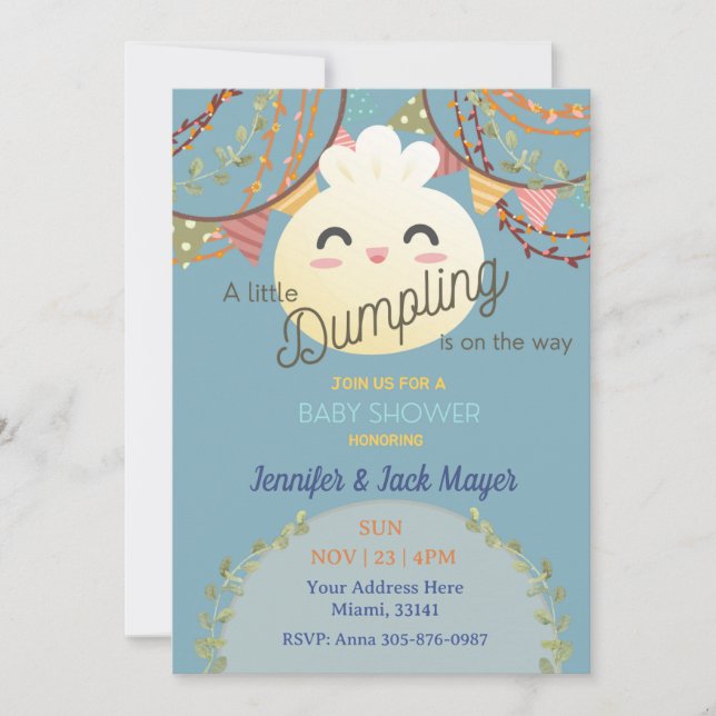 Dusty Blue Little Dumpling Baby Shower Invitation (Front)