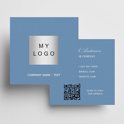 Dusty blue logo QR code minimalist Square Business Card