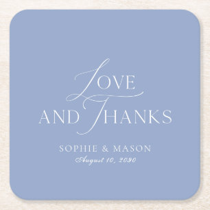 Dusty Blue Love and Thanks Wedding Favor Square Paper Coaster