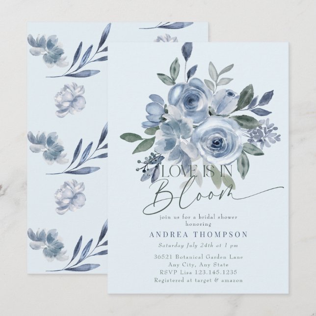 Dusty Blue Love in Bloom Bridal Shower Invitations (Front/Back)