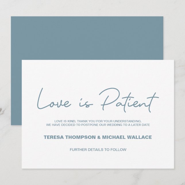 Dusty blue Love is Patient Wedding Postponed Invitation (Front/Back)