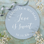 Dusty Blue Love Is Sweet Wedding Favor  Classic Round Sticker<br><div class="desc">Dusty blue wedding favor love is sweet classic round sticker. Designed by Thisisnotme©</div>