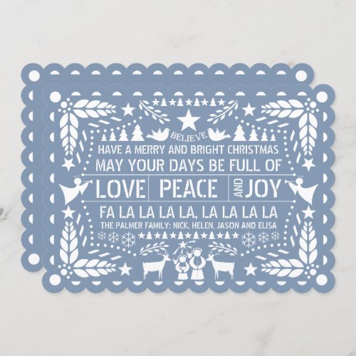 Dusty blue Love Peace Joy papel picado Christmas H Holiday Card