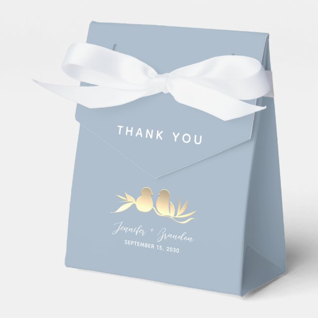 Dusty Blue Lovebirds Wedding Favor Boxes (Front Side)